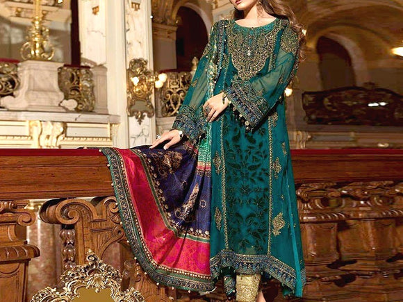 Heavy Embroidered Chiffon Suit with Digital Print Silk Dupatta (DZ12140)