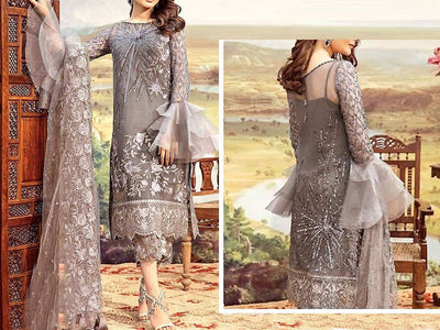 Heavy Embroidered Grey Net Wedding Dress (DZ12164)