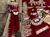 Indian Embroidered Maroon Chiffon Frock with Chiffon Dupatta (DZ12534)