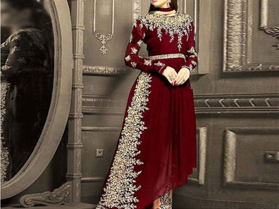 Indian Embroidered Maroon Chiffon Frock with Chiffon Dupatta (DZ12534)