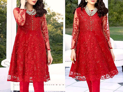 2-Piece Embroidered Red Net Party Wear Dress (DZ13297)