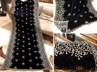 Embroidered Cutwork Black Bridal Velvet Shawl (DZ13405)