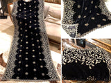 Embroidered Cutwork Black Bridal Velvet Shawl (DZ13405)