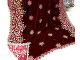 Embroidered Cutwork Maroon Bridal Velvet Shawl (DZ13434)