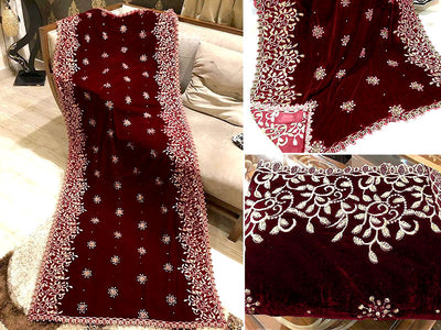 Embroidered Cutwork Maroon Bridal Velvet Shawl (DZ13434)