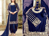 Mirror Work Embroidered Navy Blue Chiffon Dress (DZ13563)