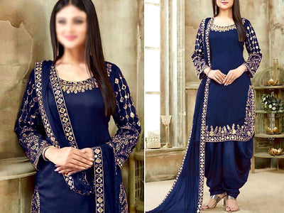 Mirror Work Embroidered Navy Blue Chiffon Dress (DZ13563)