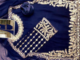 Mirror Work Embroidered Navy Blue Chiffon Dress (DZ13563)