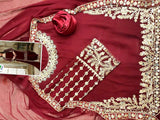 Mirror Work Embroidered Maroon Chiffon Dress (DZ13564)