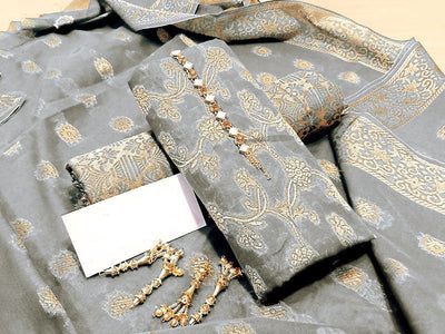 Banarsi Style Grey Cotton Jacquard Suit with Cotton Jacquard Dupatta (DZ14502)