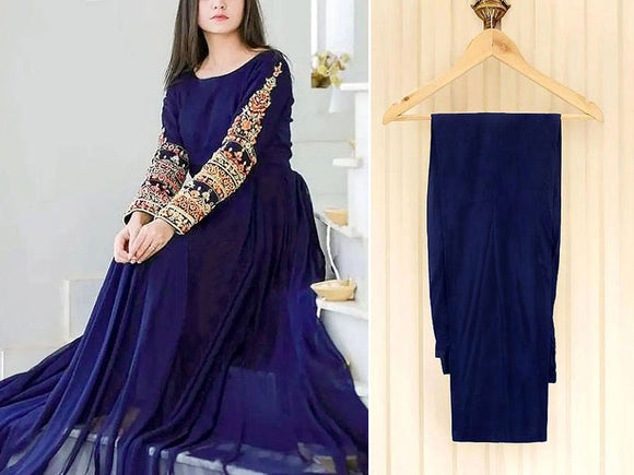 Readymade 2-Piece Embroidered Navy Blue Chiffon Maxi with Plain Trouser (DZ14523)