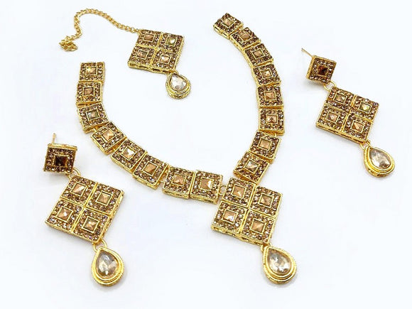 Champagne Color Stone Party Wear Jewelry Set with Earrings & Tikka (DZ14552)