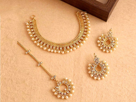 Pearl Golden Jewelry Set with Earrings & Tikka (DZ14638)