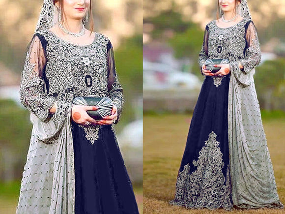 Handwork Heavy Embroidered Navy Blue Chiffon Maxi Dress (DZ14839)