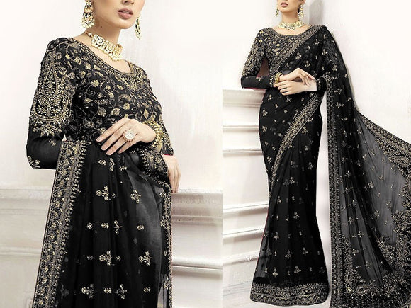 Handwork Embroidered Black Net Saree (DZ14909)