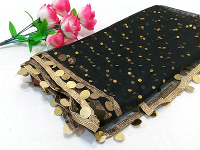 Fancy Coin Lace Net Dupatta - Black (DZ15005)