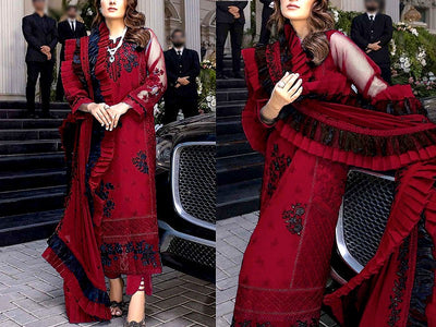 Embroidered Maroon Chiffon Party Wear Dress 2022 (DZ15193)