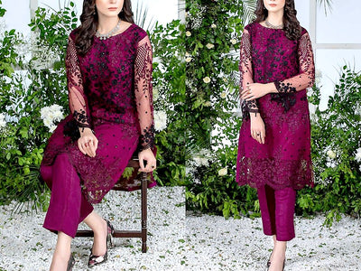 2-Piece Embroidered Fancy Net Party Wear Dress 2024 (DZ15195)