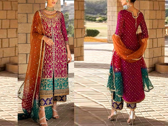 Embroidered Chiffon Party Wear Dress with Embroidered Silk Trouser (DZ15207)