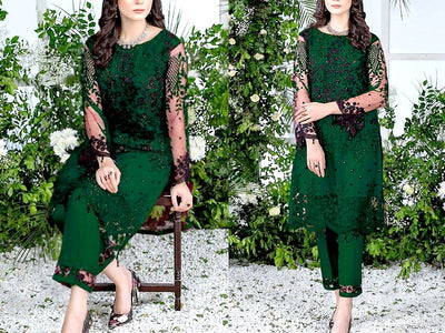 2-Piece Embroidered Fancy Net Party Wear Dress 2022 (DZ15263)