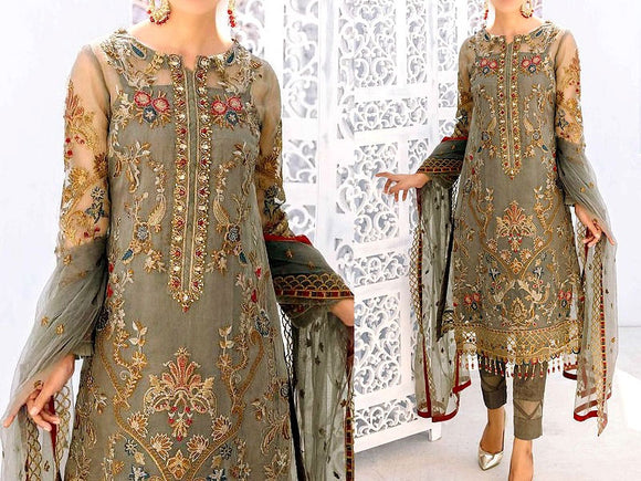 Embroidered Organza Party Wear Dress with Embroidered Net Dupatta (DZ15281)