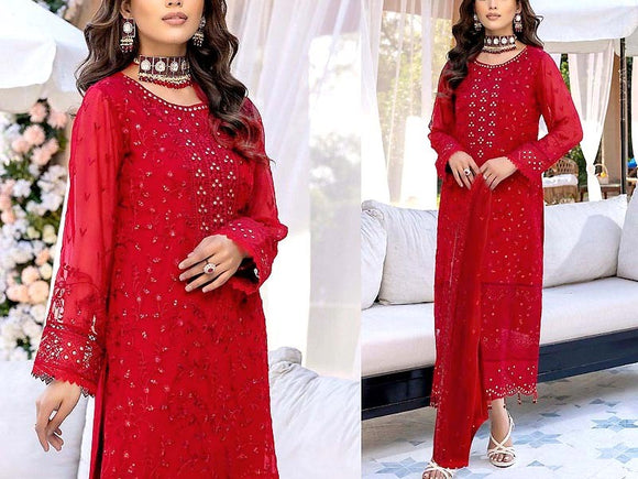 Embroidered Red Chiffon Party Wear Dress 2024 (DZ15301)