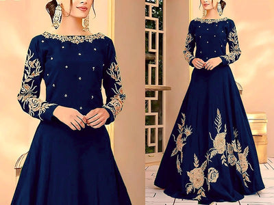 Readymade Embroidered Navy Blue Shamoz Silk Maxi (DZ15323)