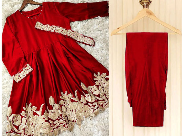 Red Vichitra Silk Plain Work Designer Gown for Ceremonial