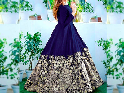 Readymade Embroidered Navy Blue Chiffon Maxi with Inner (DZ15363)