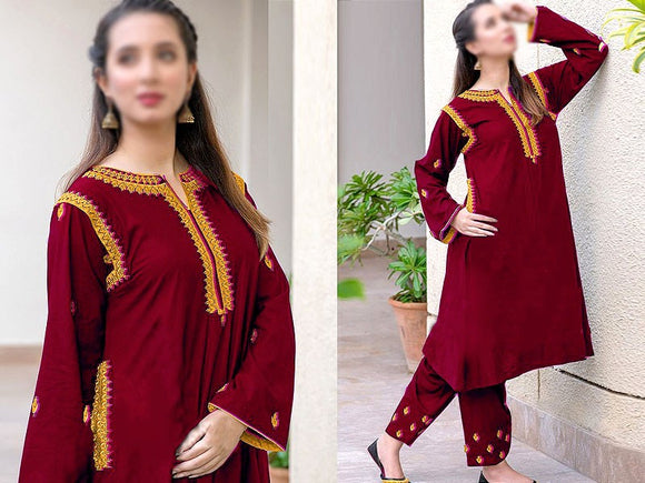 Readymade 2-Piece Embroidered Linen Suit 2022 (DZ15367)
