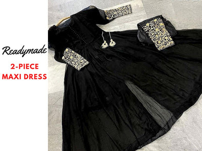 Readymade 2-Piece Embroidered Chiffon Maxi with Embroidered Silk Trouser (DZ15371)