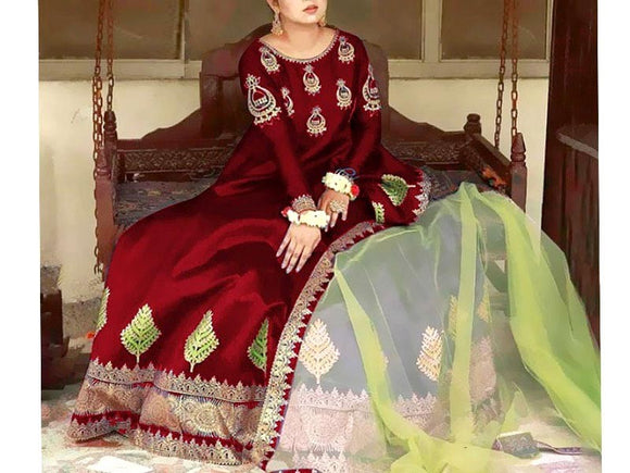 Readymade 3-Piece Embroidered Maroon Silk Maxi Dress with Embroidered Organza Dupatta (DZ15374)
