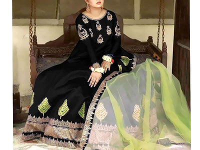 Readymade 3-Piece Embroidered Black Silk Maxi Dress with Embroidered Organza Dupatta (DZ15375)