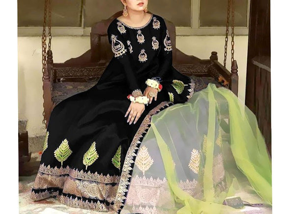 Readymade 3-Piece Embroidered Black Silk Maxi Dress with Embroidered Organza Dupatta (DZ15375)
