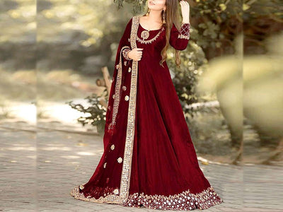 Readymade 3-Piece Mirror Work Embroidered Chiffon Maxi Dress with Chiffon Dupatta (DZ15411)