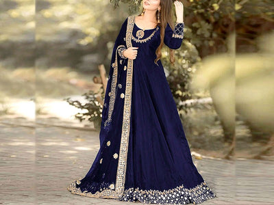 Readymade 3-Piece Mirror Work Embroidered Chiffon Maxi Dress with Chiffon Dupatta (DZ15412)
