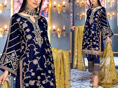 Handwork Embroidered Navy Blue Velvet Wedding Dress 2023 (DZ15431)