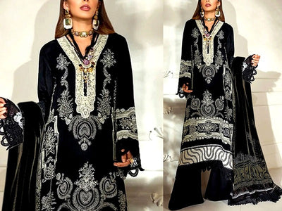Embroidered Black Linen Suit 2022 with Linen Dupatta (DZ15468)