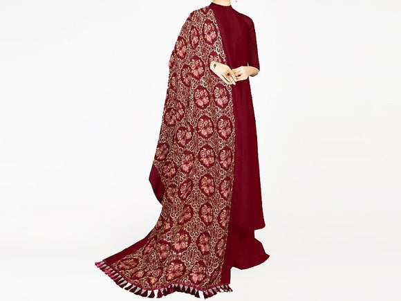 Heavy Embroidered Karandi Maroon Women's Winter Shawl (DZ15486)