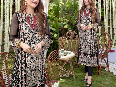 2-Piece Heavy Embroidered Black Chiffon Party Dress 2024 (DZ15493)