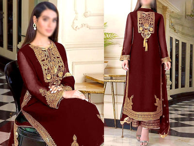 Elegant Embroidered Maroon Chiffon Party Dress 2022 (DZ15500)