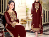 Elegant Embroidered Maroon Chiffon Party Dress 2022 (DZ15500)