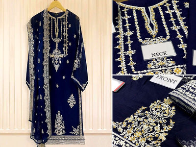 Handwork Heavy Embroidered Navy Blue Chiffon Wedding Dress 2024 (DZ15514)