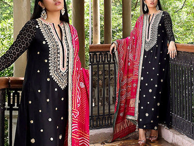 Handwork Heavy Embroidered Black Raw Silk Dress 2022 (DZ15544)