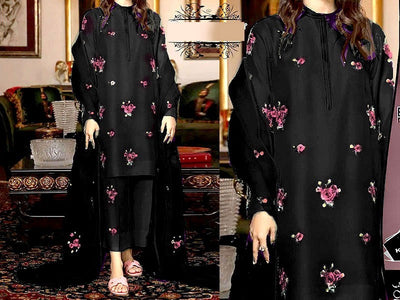 Embroidered Shamoz Silk Dress 2023 with Embroidered Organza Dupatta (DZ15562)