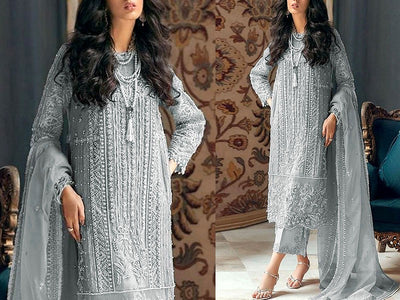 Handwork Heavy Embroidered Chiffon Party Wear Dress 2023 (DZ15591)