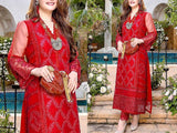 Heavy Embroidered Red Chiffon Party Wear Dress 2024 (DZ15596)