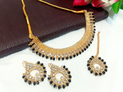 Elegant Black Stones Golden Jewelry Set with Earrings & Tikka (DZ15616)