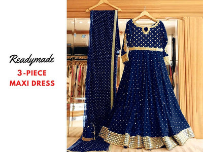 Readymade 3-Piece Embroidered Silk Maxi Dress with Embroidered Chiffon Dupatta (DZ15685)