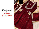 Readymade 3-Piece Embroidered Chiffon Maxi Dress with Chiffon Dupatta (DZ15694)